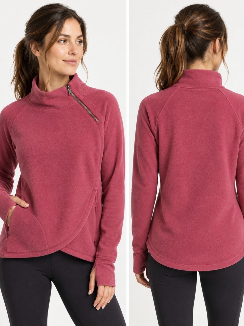 Athleta Cozy Karma Asym Pullover Pink Fleece Small
